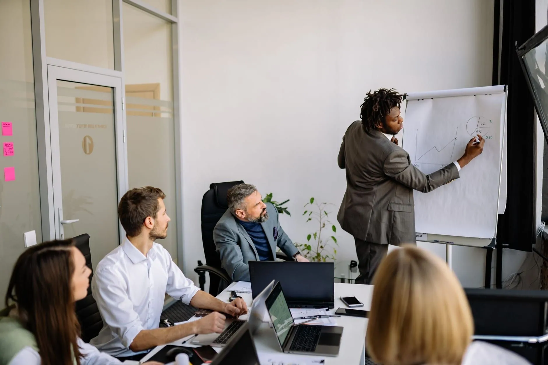 Reunión de equipo en una oficina, con una persona dibujando un gráfico en un rotafolio
